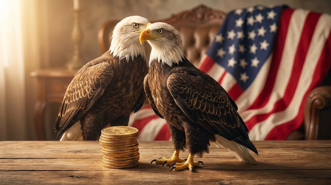Bald eagles standing over gold coins beside the American flag — a sound-money emblem