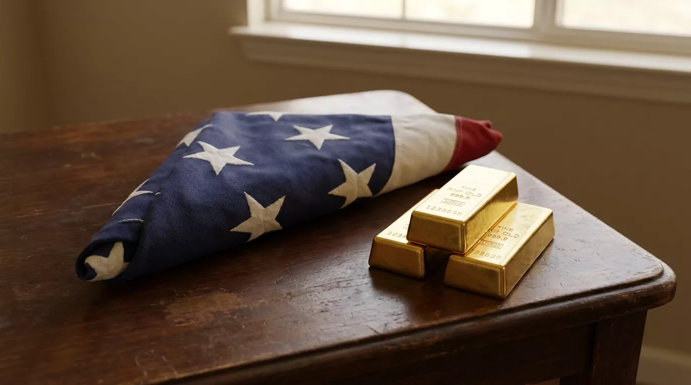A folded American flag resting beside stacked gold bars — sound money held in trust
