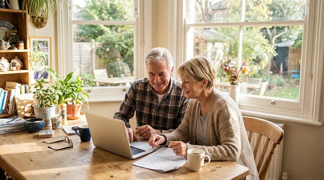 A retired American couple reviewing their savings at the kitchen table